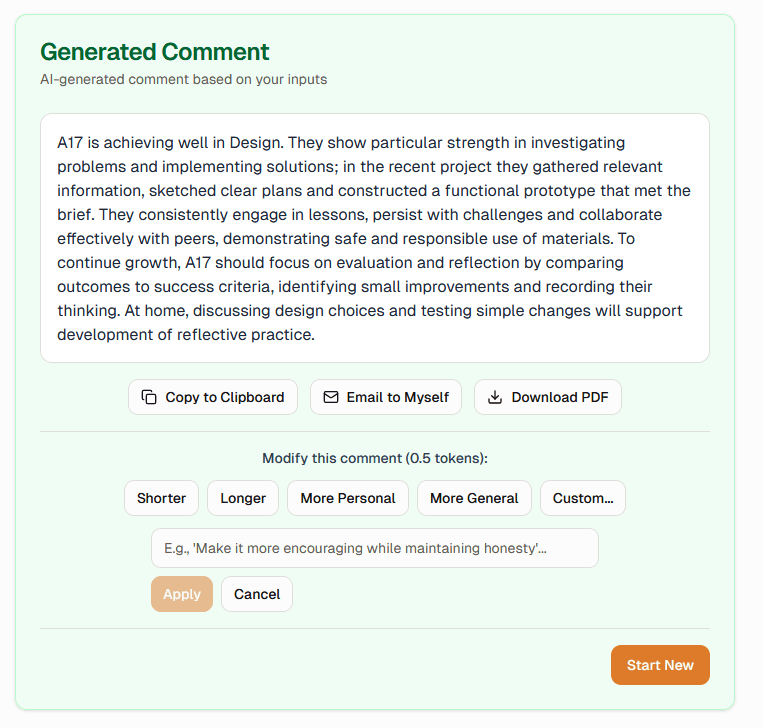 Example New South Wales report comment generated by NSW School Reports