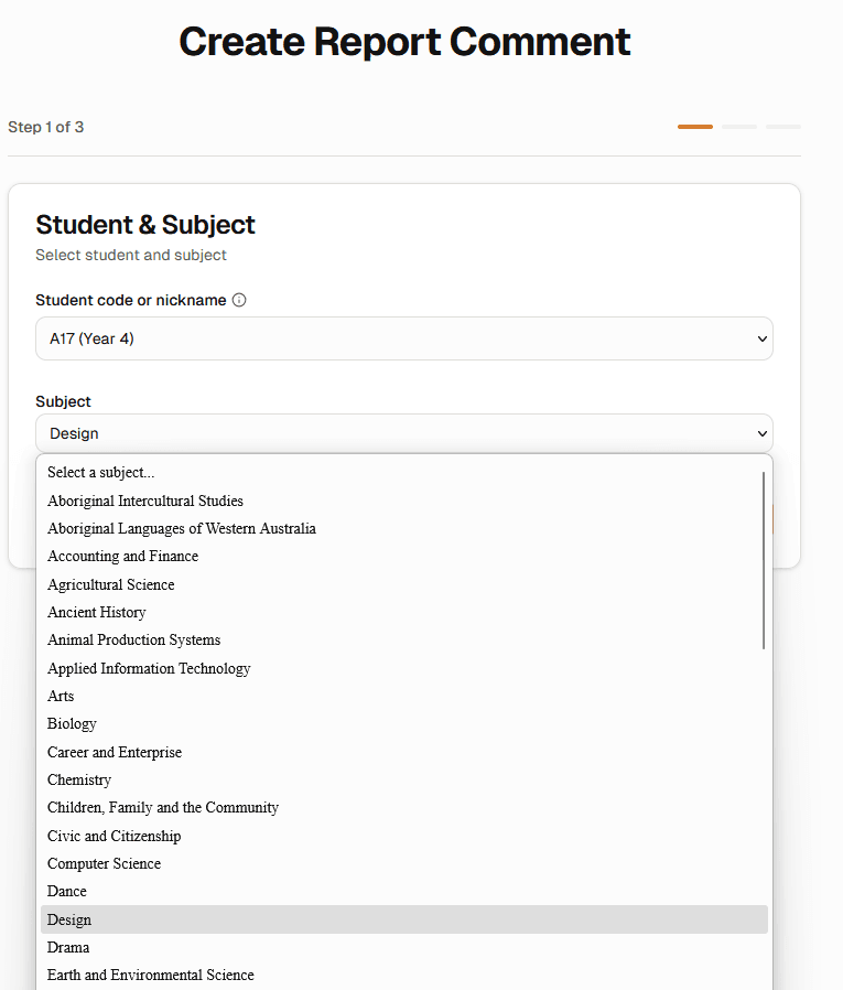 Pick student and subject screen of NSW School Reports